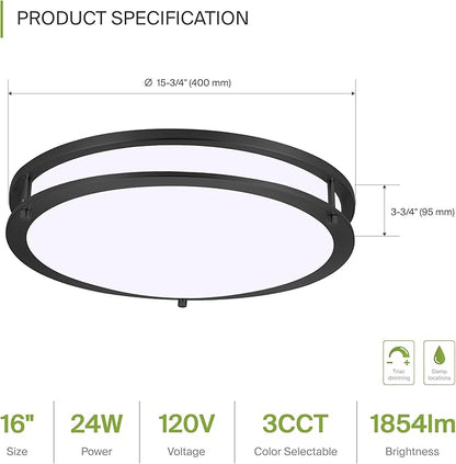 ASD LED 16" Round Flush Mount Lighting, Close to Ceiling Light Fixture | 3CCT, Dimmable, Energy Star, ETL Listed | 24W 1854LM 3000-5000K 120V | Low Profile Double Ring Lamp | Dark Bronze