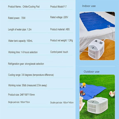 Bed Cooling System Water Cooling Pad, 70W with 2 Gear Adjustment and 1-9 Hour Timer, Summer Mattress Cooler for Single or Double Beds, 140x160cm