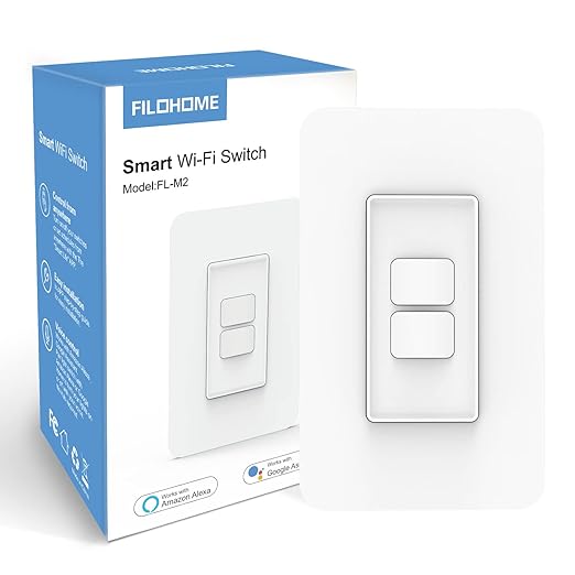 Smart Light Switch,Single Pole Smart Switch Compatible with Alexa and Google Assistant,2.4GHz Wi-Fi,Neutral Wire Required,Remote＆Voice Control,Schedule No Ground Wire (1 Pack 2 Gang)