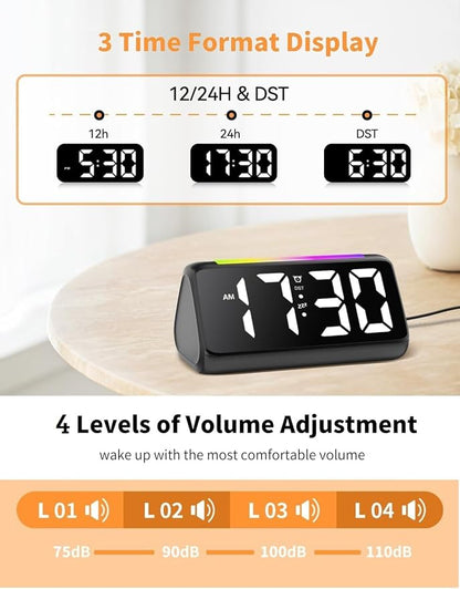 Netzu Alarm Clocks for Bedrooms Heavy Sleepers, Vibrating Alarm Clock with Bed Shaker, Night Light, RGB Display, Dimmer, Snooze for Hearing Impaired People (Black)