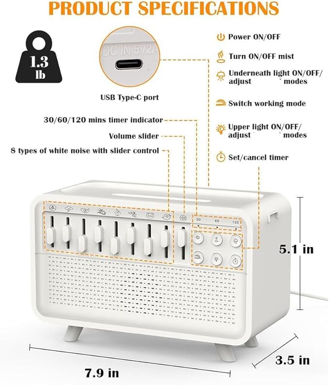 2026 New White Noise Night Light Diffuser Humidifier - 8 Ambient Sounds Aromatherapy Machine for Sleep, Meditation, Yoga, Home Use