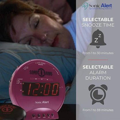 Sonic Alert Sonic Bomb Dual Alarm Clock with Bed Shaker, Pink Vibrating Alarm Clock Heavy Sleepers, Battery Backup | Wake with a Shake