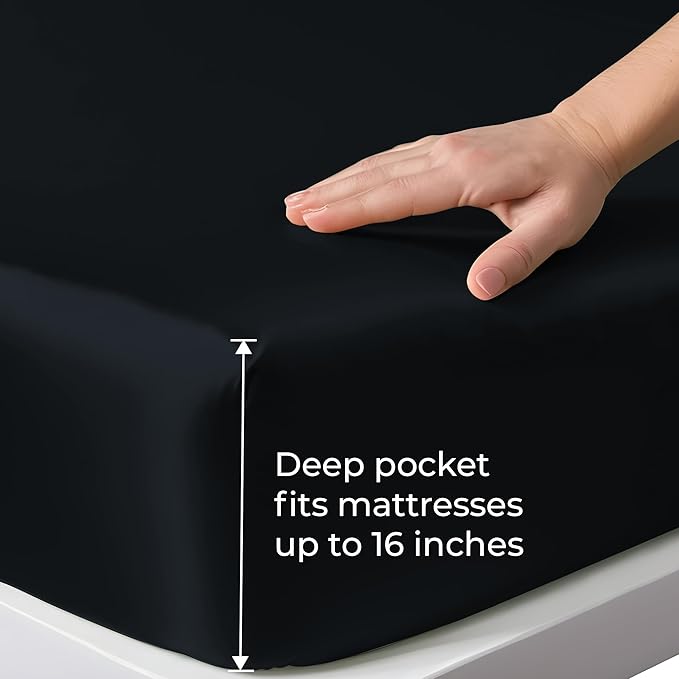 LINENWALAS Fitted Sheet Only Viscose Derived from Bamboo, Bottom Sheet for Twin Size Bed – 16” Deep Pocket, All Around Snug Fit – Cooling, Breathable, Soft, Black Halloween Bed Sheet (Jet Black)