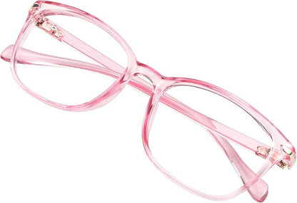 VisionGlobal Blue Light Blocking Glasses for Women, Anti Eyestrain, Computer Reading, TV Glasses, Stylish Square Frame, Anti Glare(Clear Pink,+5.00 Magnification)
