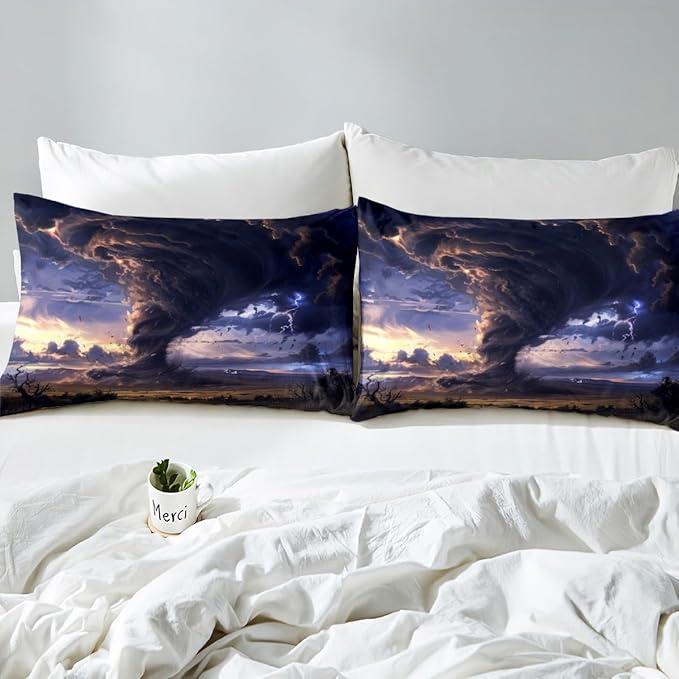 3D Tornado Fitted Sheet Twin Size,Mystic Sky Purple Lightning Paint Bed Sheet with 1 Pillowcase,Natural Disaster Desert Sky Clouds View Soft Decorative Fabric Bedding,Room Gift