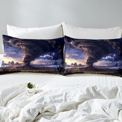 3D Tornado Fitted Sheet Twin Size,Mystic Sky Purple Lightning Paint Bed Sheet with 1 Pillowcase,Natural Disaster Desert Sky Clouds View Soft Decorative Fabric Bedding,Room Gift