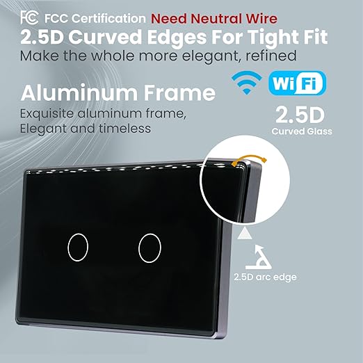 Smart Light Switch,2-Button,Aluminum Frame, Neutral Required,2.4GHz, Tuya Smart Life App,Voice Control,2.5D Curved-Edge Tempered Glass Panel,Black