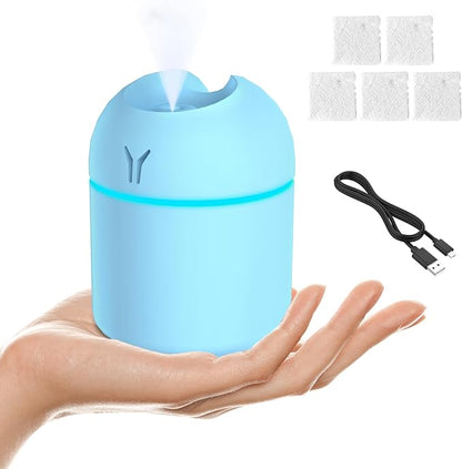 Portable Mini Humidifier, 250ML Small Humidifier, 3-in-1 Colorful Mini Humidifier + Night Light + Car Humidifier, Cool Mist Humidifier with Aroma Pads, USB Portable Humidifier For Travel (Blue)