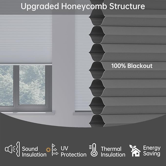 Cellular Shades Blackout Honeycomb Blinds for Indoor Windows, Cordless Cellular Shades 1.5 inch Cell Pleated for Bedroom Home Office, Custom Size, Blackout Light Grey