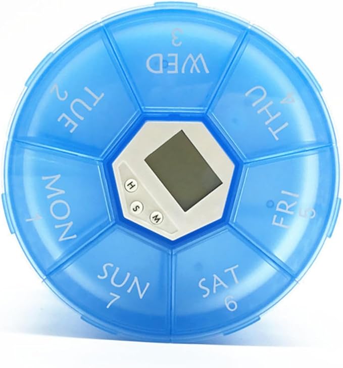 Mikinona Electronic Pill Dispenser with Alarm Clock Weekly Medication Organizer Box for Patients Blue Reminder Case with See-Through Lids for Easy Daily Medicine Management