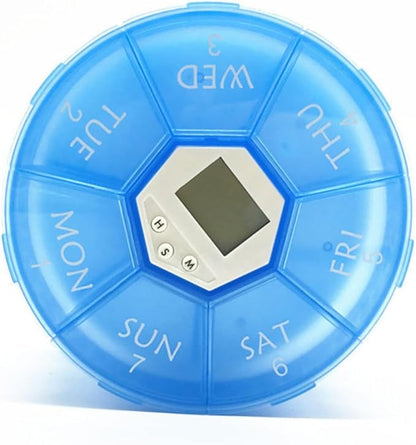 Mikinona Electronic Pill Dispenser with Alarm Clock Weekly Medication Organizer Box for Patients Blue Reminder Case with See-Through Lids for Easy Daily Medicine Management