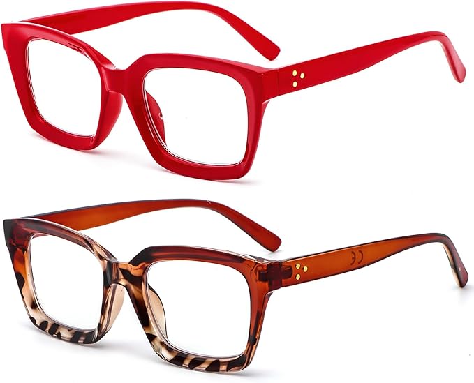 REAVEE 2 Pack Oprah Style Oversized Reading Glasses for Women Men Blue Light Blocking, Ladies Stylish Retro Square Large Computer Readers (Red/Brown Leopard 3.0x)