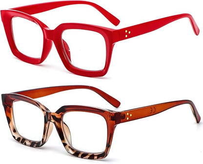 REAVEE 2 Pack Oprah Style Oversized Reading Glasses for Women Men Blue Light Blocking, Ladies Stylish Retro Square Large Computer Readers (Red/Brown Leopard 1.0x)