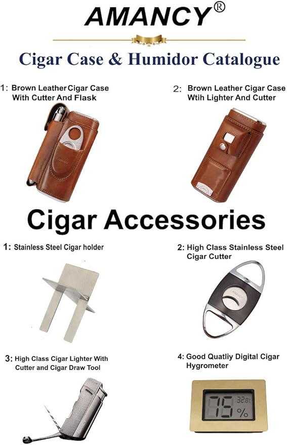 AMANCY Practical Travel 5 Cigar Humidor,Compact Brown Leather Cedar Wood Lined Cigar jar, Portable Cigar Case with Humidifier