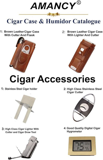 AMANCY Practical Travel 5 Cigar Humidor,Compact Brown Leather Cedar Wood Lined Cigar jar, Portable Cigar Case with Humidifier
