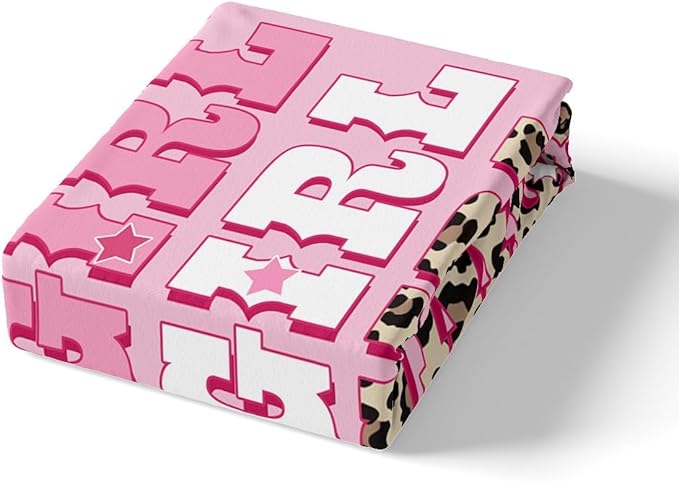Western Cowgirl Bedding Set Twin Size Rustic Brown Leopard Fur Print Bed Set for Teens Kids Sheet Tribal Cowgirl Texas Star Pink White Bed Cover(1 Fitted Sheet+1 Pillow Case)