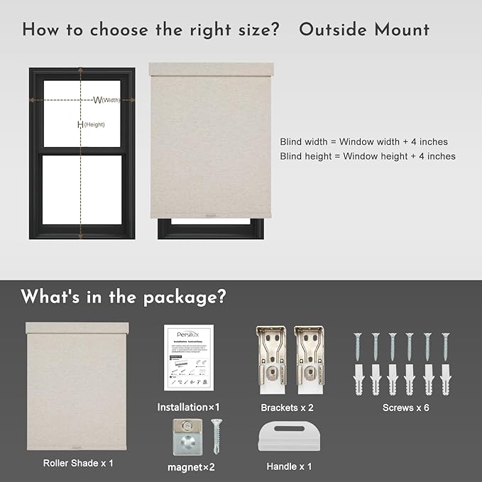 Persilux Blackout Roller Shades for Window Blinds,Cordless,Linen Fabric,Thermal Insulated Fabric UV Protection Shades for Home,Office,Bedroom,Door,Blackout-Cream,18" W X 64" H