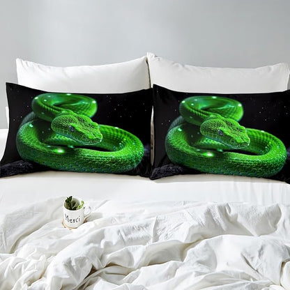 3D Snake Kids Sheet King Size,Exotic Reptile Animal Bedding Set,Boys Men Room Decor,Green Snake Jungle Wildlife Rustic Nature Green Black Bed Sheet Set 4pcs(Fitted + Flat + 2 Pillowcases)