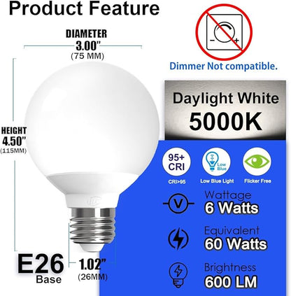ILC App-Controlled LED G25 Globe Light Bulbs, Bluetooth Mesh, 1600 Million Colors, 60W Equivalent, 6W, 600LM, CRI>95+ Daylight White 5000K, E26 Base Vanity Light Bulbs, Dimming via app only, 6 Pack