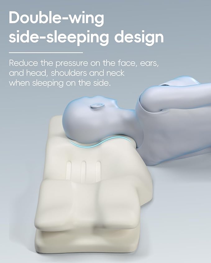 Ergonomic Double-Wing Cervical Neck Pillow – Orthopedic Memory Foam Neck Support Pillow for Side Sleepers, Cervical Spine Alignment & Shoulder Pain Relief, Cooling Washable Cover, 3.5"–1.2" Design