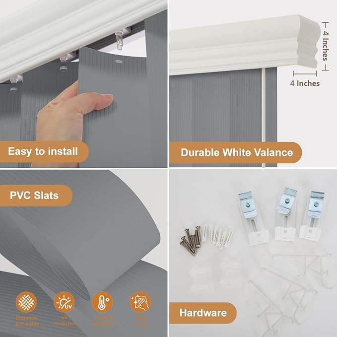 Cordless Vertical Blinds for Sliding Glass Doors, 3.5" Embossed PVC Slats with Matching Valance, Blackout Safety Window Treatment for Patio Door, Bedroom, Office, Custom Cut to Size, Strips Grey