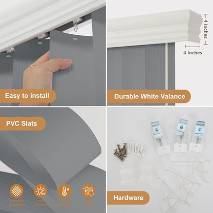 Cordless Vertical Blinds for Sliding Glass Doors, 3.5" Embossed PVC Slats with Matching Valance, Blackout Safety Window Treatment for Patio Door, Bedroom, Office, Custom Cut to Size, Strips Grey