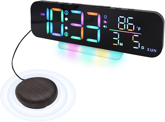 Extra Loud Vibrating Alarm Clock,Large LED Digital Display,Dual Alarms,Multiple RGB Colors,Dimmable Volume Adjustable,for Deep Sleepers and Hearing Impaired Deaf Seniors (Wood Grain)