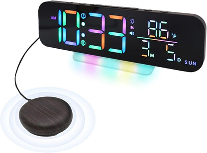 Extra Loud Vibrating Alarm Clock,Large LED Digital Display,Dual Alarms,Multiple RGB Colors,Dimmable Volume Adjustable,for Deep Sleepers and Hearing Impaired Deaf Seniors (Wood Grain)