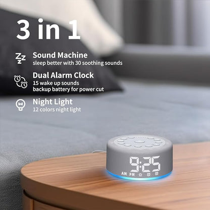 Plug-in Sound White Noise Machine Backup Battery Alarm Clock Brown Noise Machine with Night Light Dual Alarms 30 Sleeping Sounds for Baby Kids Adults 36-Level Vol 5 Timers 15 Wake Up Sounds & Memory