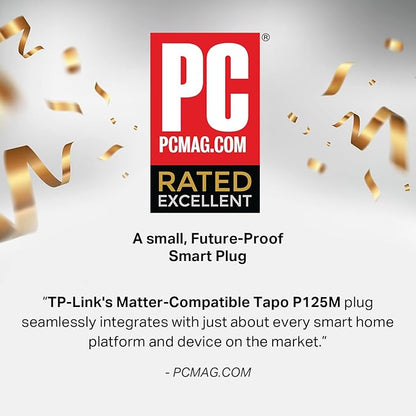 TP-Link Tapo Matter Compatible Smart Plug Mini, Compact Design, 15A/1800W Max, Super Easy Setup, Works with Apple Home, Alexa & Google Home, UL Certified, 2.4G Wi-Fi Only, White, Tapo P125M