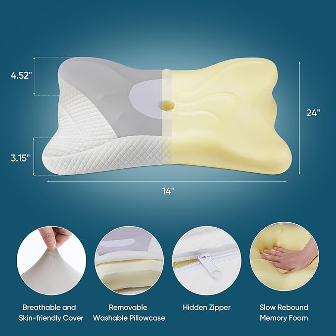 Sweetcrispy Cervical Pillow for Neck and Shoulder - 2 Pack Ergonomic Memory Foam Pillows, Contour Side Sleeper for Adults, Cooling Orthopedic Neck Support for Back Stomach Sleepers,Grey