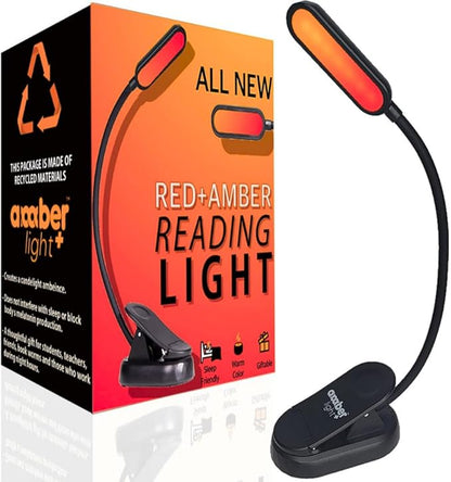 Amber Reading Light + Redlight. Giftable Blue Light Blocking Book Light for Reading in Bed