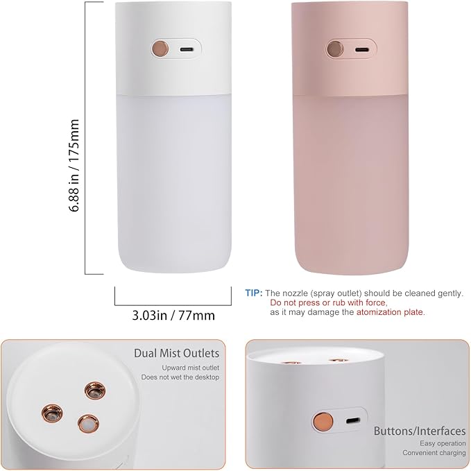 HODEMI Portable Small Humidifier - Cold Mist Humidifiers with Water Shortage Protection, Warm Night Light, Recharge Dual Nozzle Mini Humidifier for Bedroom, Plants, Office, and Car (Pink)