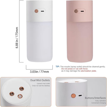 HODEMI Portable Small Humidifier - Cold Mist Humidifiers with Water Shortage Protection, Warm Night Light, Recharge Dual Nozzle Mini Humidifier for Bedroom, Plants, Office, and Car (Pink)
