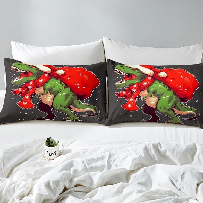 Manfei Green Dinosaur Kids Sheet Set King Size, Dinosaur Santa Claus Bedding Set for Boys Girls Teens Bedroom Decor, Christmas Theme Bed Sheet Set 4pcs (Fitted Sheet, Flat Sheet, 2 Pillowcases)