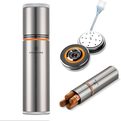 Travel Cigar Humidor Case/Box Stainless Steel Portable Cigar Tube Cigars Jar Humidifiers Air Tight Lid, Smell Proof with Cigar Hygrometer and Humidifier for 3 to 4 Cigars (Silver)
