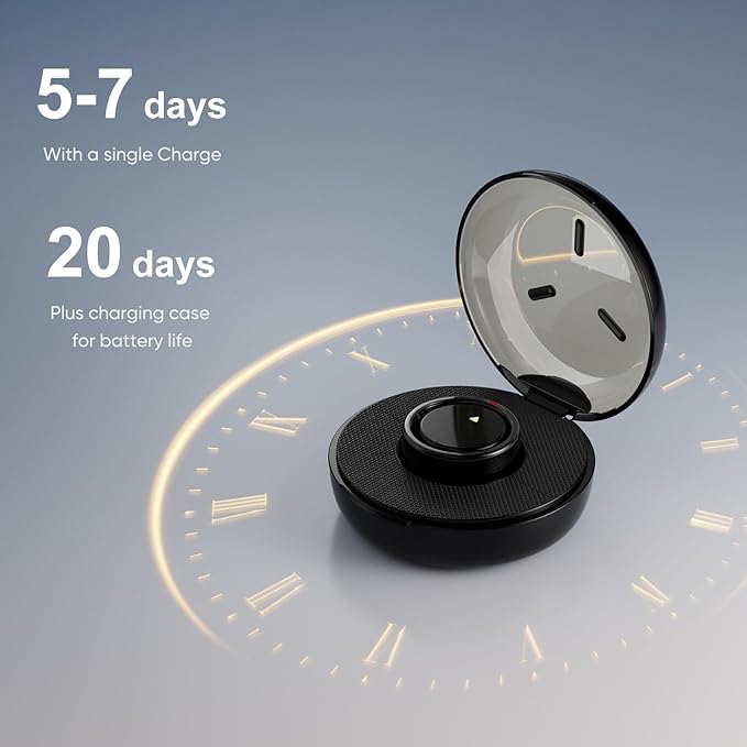Smart Ring for Women Men- Sleep/Fitness/Stress/Heart Rate Tracker- Menstrual Records - 7 Days Battery Life - Wireless Charging - No APP Subscription - iOS & Android Compatible (Black, Size 7)
