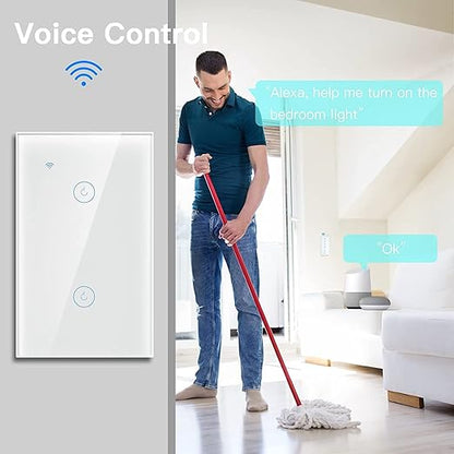 BSEED Smart Light Switch,2 Gang WiFi Touch Switch with Smart Life APP Control and Timing Function,White Single Pole Switches Work with Amazon Alexa,Google Assistant -(3 Way) Multi-Control Association