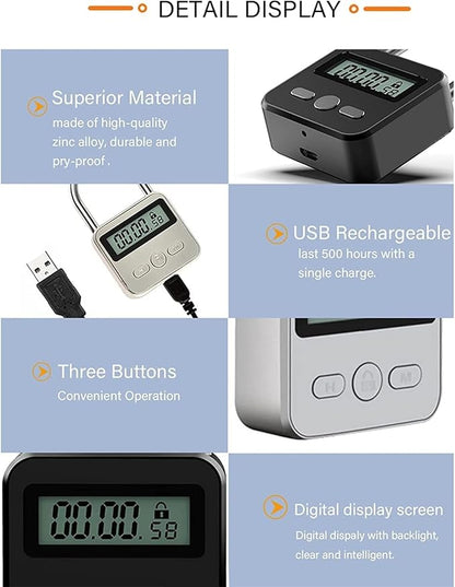Metal Timer Lock, LCD Display Multi-Function Electronic Time, 99 Hours Max Timing, USB Rechargeable Timer Padlock Timer Padlock Timer Lock (Silver)