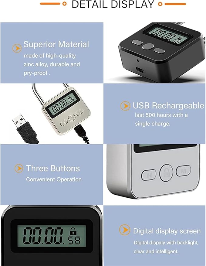 Metal Timer Lock, LCD Display Multi-Function Electronic Time, 99 Hours Max Timing, USB Rechargeable Timer Padlock Timer Padlock Timer Lock (Black)