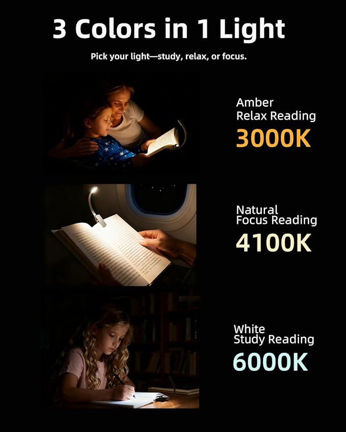 Book Lights for Reading at Night,Reading Lights,AAA Battery Clip-On Led Reading Light with 3 Colors & Stepless Dimming,Portable and Ultra-Lightweight with Long Runtime(Black)