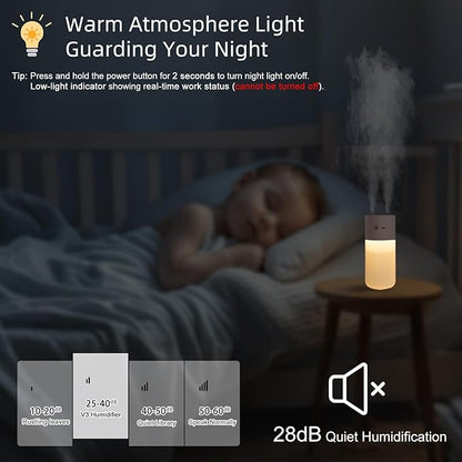 HODEMI Portable Small Humidifier - Cold Mist Humidifiers with Water Shortage Protection, Warm Night Light, Recharge Dual Nozzle Mini Humidifier for Bedroom, Plants, Office, and Car (Pink)