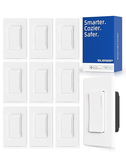ELEGRP Smart Dimmer Light Switch DTR10, Single Pole Setup, 2.4GHz Wi-Fi Touch Dimmer Compatible with Alexa/Google Assistant, Needs Neutral Wire, No Hub Required, UL Listed, Matte White, 10 Pack