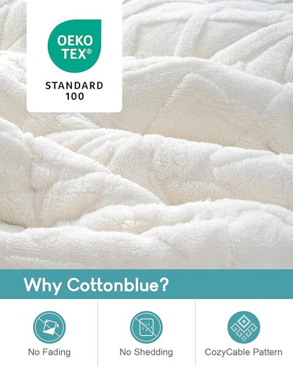 Cottonblue Jacquard Weighted Blanket 15lbs for Queen Ded - Ultra Soft, Cozy Comfort Sherpa Blanket for Relax and Sleep, Heavy Bed Blankets with Cemaric Beads, 48x72 in 12 lbs, Cream White