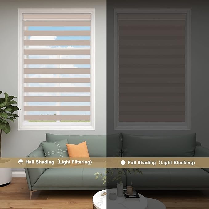 Changshade Cordless Blackout Zebra Blinds for Indoor Windows Sliding Glass Doors, Custom Size Zebra Roller Shades Dual Layer Fabric Light Blocking Darkening for Living Room, Bedroom, Bathroom, Beige