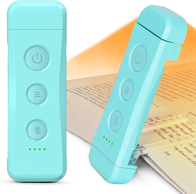 Glocusent USB Rechargeable Book Light for Reading in Bed, Portable Clip-on LED Reading Light, 3 Amber Colors & 5 Brightness Dimmable, Compact & Long Lasting, Perfect for Book Lovers (Blue-Pro Max)