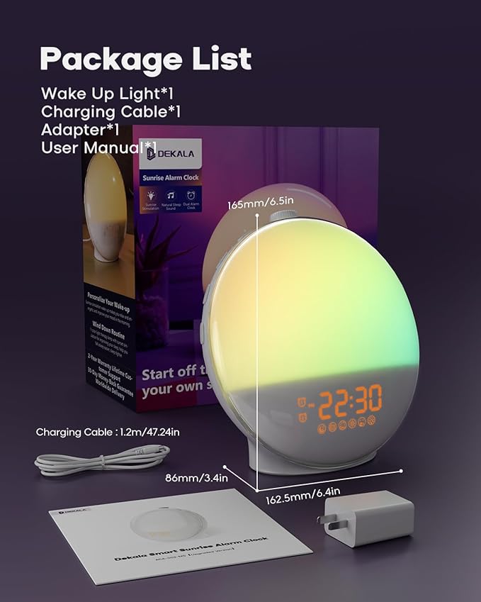 Dekala Sunrise Alarm Clock, Wake Up Light, Smart APP Control, Sundown Sleep Sound Machine, Dual Alarms, FM Radio, Natural Alarm Sounds, Alarm Clock for Heavy Sleepers Kids Adults, Ideal Gift