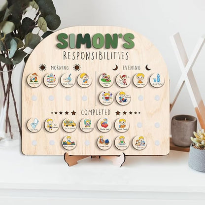 Wooden Chore Chart for Kids Visual Schedule, Routine Chart for Kids, Morning Bedtime Routine Chart for Toddlers Ages 2-4, Daily Kids Schedule Board for Home (09)