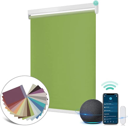 Allesin Motorized Roller Shade Work with Alexa for Window, 100% Blackout Smart Shades Cordless with Remote Control, Electric Automated Blinds for Window, Customized Size for Smart Home (Grass Green)