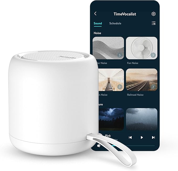 TimeVocalist White Noise Machine & Alarm Clock: Dynamic Sound Mixing, Ambient and Color Noises, Custom Soundscapes, App Control, Multiple Alarms, Sleep Training, 100 Volume Levels, Built in Battery